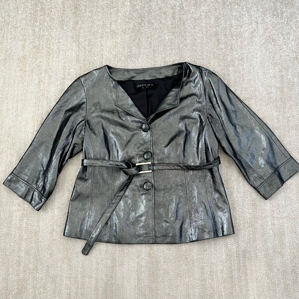 Lafayette 148 New York Metallic Silver Leather Jacket 8